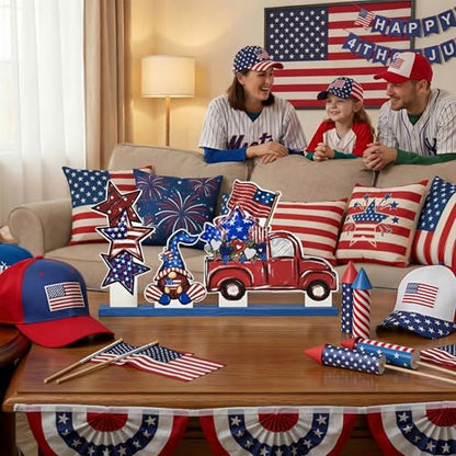 Smile Patriotic Wooden Standing Decor Set, 3-Piece 4th of July Tiered Tray Tabletop Signs with Red Truck, Gnome & Star Stack for Independence Day - style: 4th of July