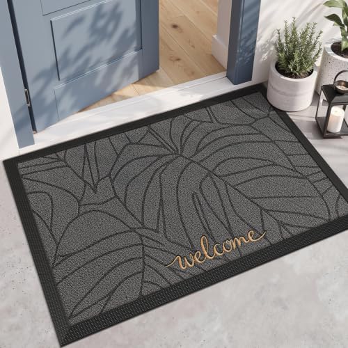 LUMI Outside Welcome Door Mat 32x47, Non-Slip Heavy Duty Dirt Trapper, Grey - color: Grey Gold Monstera, size: 32"x47"