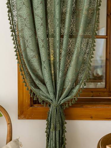 Sheer Boho Lace Curtains 84 Inches Long, Olive Green, Set of 2 Panels - color: Olive Green, size: 59"W x 84"L (Pack of 2)