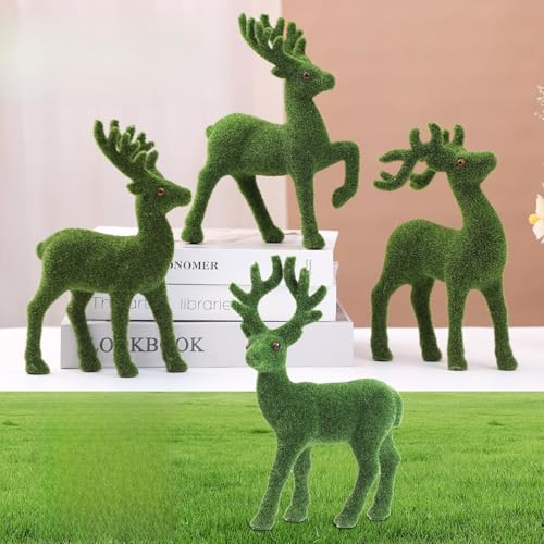 Decorative Moss Reindeer Figurines, Set of 4 - Green Flocked Deer Statues for Woodland Christmas Table Centerpiece, Indoor Mantel Shelf and Garden Decor