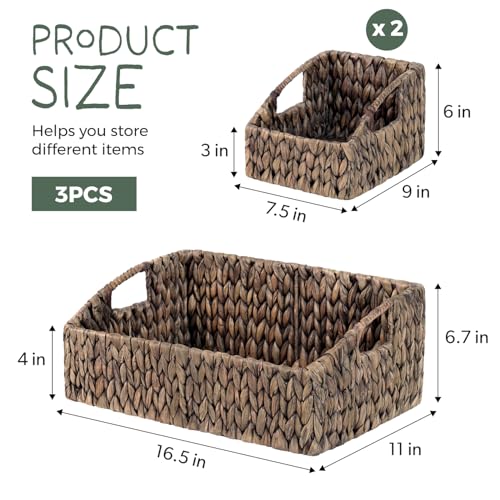 Set of 3 Handwoven Storage Baskets – Decorative Natural Wicker Organizer Bins with Built-in Handles for Bathroom, Kitchen, Pantry, Nursery, Closet, Laundry, Living Room, and Home Use - color: Espresso