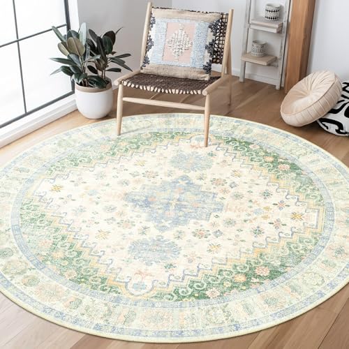 MUJOO Round Rugs 5ft Circle Area Rug Washable Boho Low Pile Green and Blue - color: Green and Blue, size: 5' (Round)
