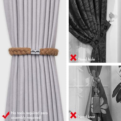 NICEEC 2 Pack Natural Cotton Rope Magnetic Curtain Tiebacks Elegant Twisted Braid Style Drape Tie Backs Soft Hand-Woven Rope Curtain Holdbacks for Home & Office Window Draperies (Khaki-01) - color: Khaki-01, size: 2 Pack