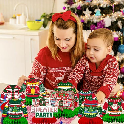 9 Pcs Ugly Sweater Party Decorations Honeycomb Centerpiece - style: Christmas Ugly Sweater Party