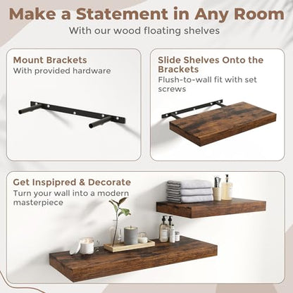 12 Inch Floating Shelves for Wall 2 Pack, 12"D Wood Grain Bathroom Shelves - color: Rustic Brown Finish, size: 12"W x 12"D x 1.5"H, 2 Pack