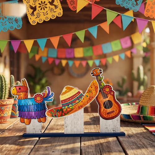 Smile Cinco De Mayo Standing Wooden Decor Set, 3-Piece Mexican Fiesta Wooden Cutouts (Sombrero, Guitar, Piñata) for Tabletop & Party Display - style: De Mayo
