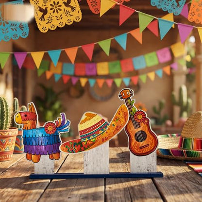 Smile Cinco De Mayo Standing Wooden Decor Set, 3-Piece Mexican Fiesta Wooden Cutouts (Sombrero, Guitar, Piñata) for Tabletop & Party Display - style: De Mayo