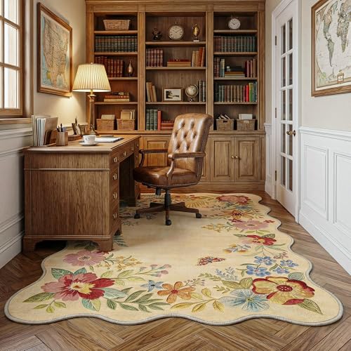 FMFUNCTEX 4x5 Washable Beige Floral Vintage Scalloped Area Rug for Entryway - color: Beige, size: 4' x 5' (Rectangular)