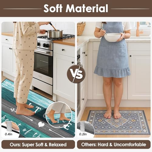 Kitchen Rugs Sets of 3 Non Slip Washable Mats for Floor, Wooden - color: Turquoise Teal Wooden