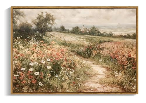 OIQArtOIQ Framed Canvas Wall Art,Vintage Decor,Landscape Nature Country Wildflower Paintings Farmhouse Pictures Modern Artwork Rustic Fall Flower Prints Cottagecore Office Living Room Bedroom Bathroom - color: Wildflower Path, size: 24x36 in