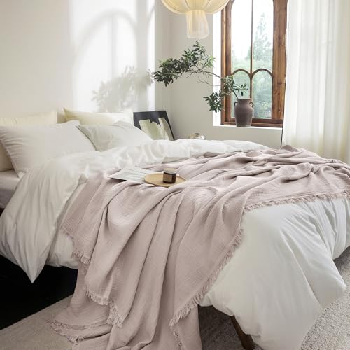 FOSSA Muslin Blanket 4-Layer 100% Cotton Gauze Blanket with Fringe 50"x70" - color: Greyish Pink, size: Throw XL (50" × 70")