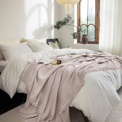 FOSSA Muslin Blanket 4-Layer 100% Cotton Gauze Blanket with Fringe 50"x70" - color: Greyish Pink, size: Throw XL (50" × 70")