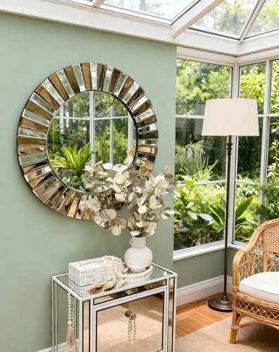 Decorative Round Mirror Sunburst: Silver-Brown Crystal Edge 31.5 in - size: 31.5"L x 31.5"W