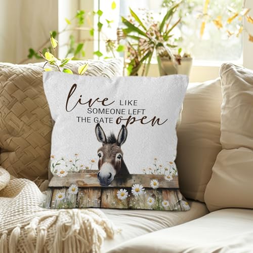 Donkey Throw Pillow Covers 18x18,Farmhouse Western Animal Pillow Covers for Home Bedroom Couch, Live Like Someone Left the Gate Open, Donkey Gifts for Women - color: 0-donkey-2