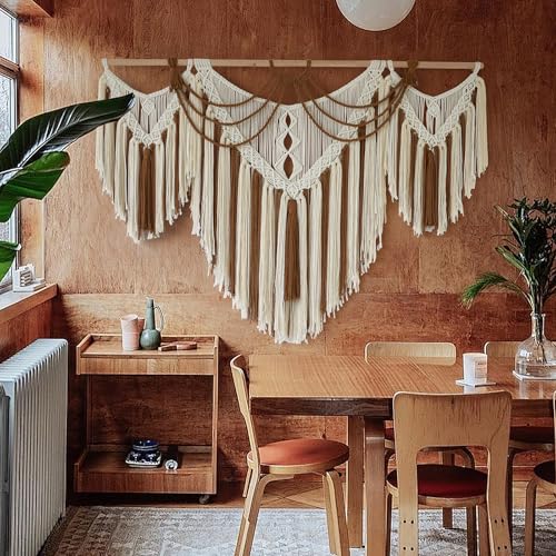 Macrame Wall Hanging Handwoven Geometric Tapestry Woven Decor 47" W*35" L - color: Brown and White