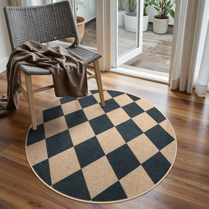 Lahome Checkered Easy Jute Round Rug 3ft, Outdoor Entryway Rug Washable - color: Black/Checkerboard -2, size: 3' Round
