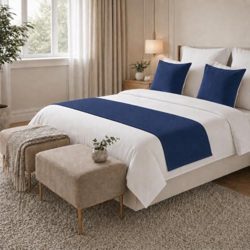 Solid Bed Runner Set,2 Pillow Covers,Navy,70.9x19.7in - color: Navy, size: Twin/Twin XL
