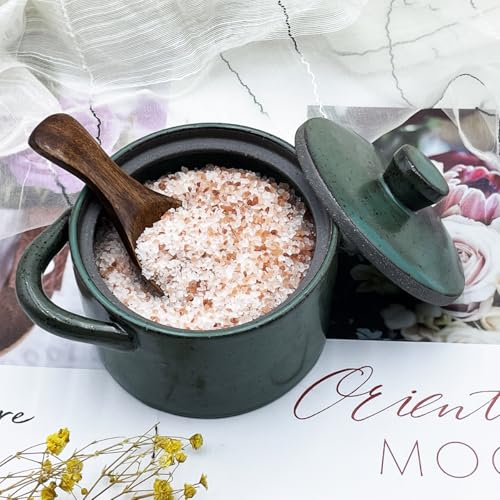 8 oz Ceramic Salt Cellar with Lid & Wooden Spoon,Countertop Salt Container,Sugar Bowl,Spices Jar| Artisan Kitchen Decor(Green) - color: Green A