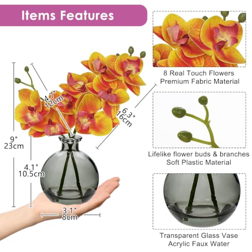 Yellow Orchids Artificial Flowers Faux Orchid Arrangement with Glass Vase - color: Orangey Yellow/Black Vase