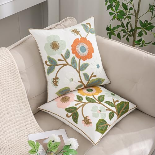 Embroidered Throw Pillow Covers 18x18 Pack of 2 Pink Yellow Flower - color: Yellow and Pink Flowers
