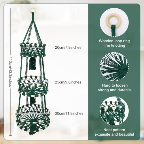 3 Tier Macrame Hanging Basket Hanging Fruit Basket for Kitchen - color: Dark Green