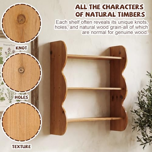 Cinnvoice 2 Pcs Solid Wood Wall Shelf 3-Tier, Brown