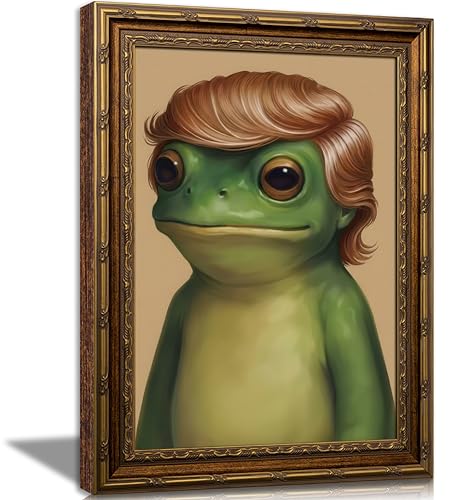 Funny Frog Wall Art Vintage Gold Frame Froge Wall Decor Interesting Animal Pictures Painting Cute Quirky Animal Hairstyle Poster Prints Artwork for Bathroom Living Room Bar Bedroom Home Decoretion - color: Red hair, size: 11"L x 9"W