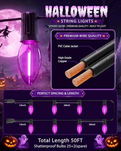 C9 Purple Halloween String Lights, 50 ft 25 LED Outdoor Plug-In Patio Decor - color: Purple