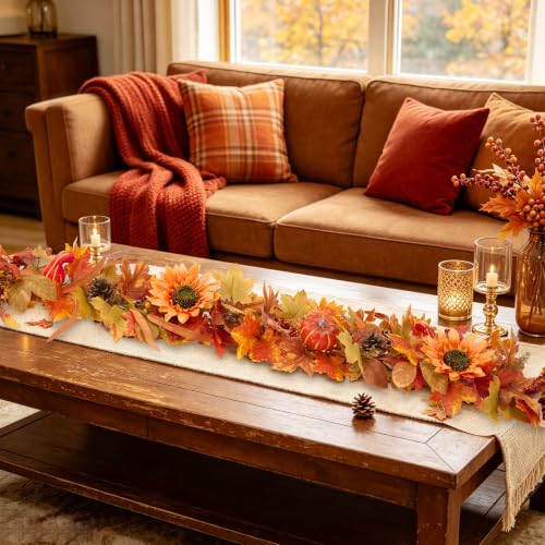 Fall Garland for Mantle, Thanksgiving Autumn Leaves Garlands for Decoration - size: 6 Ft Fall Garland