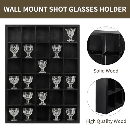 2 Pack Shot Glass Display Case - Black Wooden Wall Mounted Shadow Box Cabinet - 30 Slots, Removable Adjustable Shelves for Miniatures, Thimbles, Bar Home Kitchen Decor, 16.9x12.2 Inch, Black