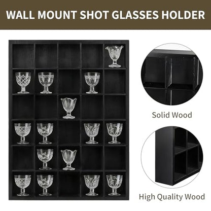 2 Pack Shot Glass Display Case - Black Wooden Wall Mounted Shadow Box Cabinet - 30 Slots, Removable Adjustable Shelves for Miniatures, Thimbles, Bar Home Kitchen Decor, 16.9x12.2 Inch, Black