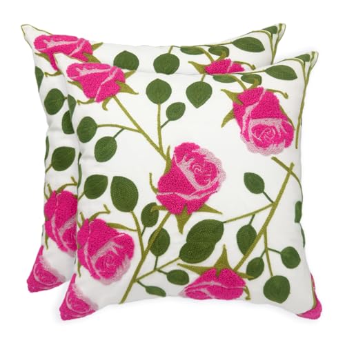 Alysheer Floral Embroidered Farmhouse Decorative Throw Pillow Cover 18"x 18" Set of 2, Cottage Hot Pink Flowers Green Leaves Embroidery Pattern, Cotton Canvas Cushion Case for Sofa Couch Bedroom - color: Rose Pink, size: 18" x 18" (Pack of 2)