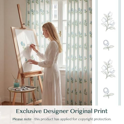Pinch Pleat Linen Blend Curtains Blue Stripe Floral, 40"W x 95 Inches Long - color: Blue Stirpe, size: 40"W x 95"L (Pack of 2)