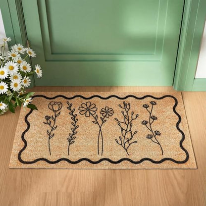 Dunzy Floral Door Mat Outdoor Black Scalloped Welcome Mat for Front Door - style: Wildflower