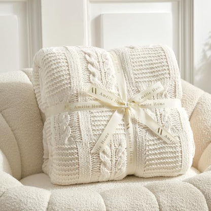 Amélie Home Chenille Knit Throw Blanket, Cream White 60"x80" - color: Cable Cream White, size: 60" X 80"