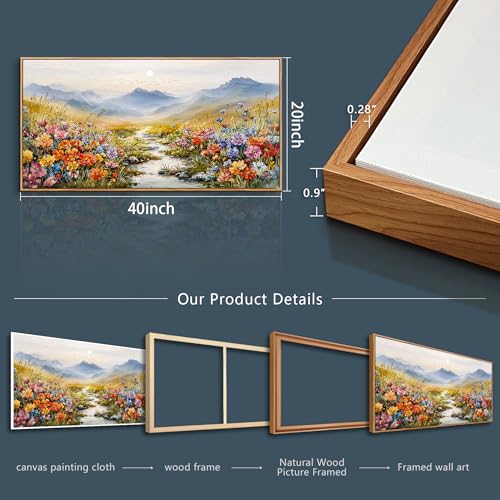 Nature Landscape Wall Art for Bedroom, Sunset Wildflowers Pictures 20X40 In - color: Flower Watercolour Painting Wood Framed, size: 40"L x 20"W