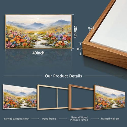 Nature Landscape Wall Art for Bedroom, Sunset Wildflowers Pictures 20X40 In - color: Flower Watercolour Painting Wood Framed, size: 40"L x 20"W