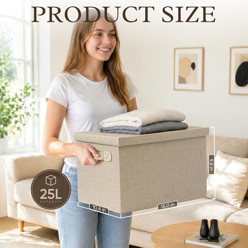 Fabric Storage Bins with Lids, Heavy Duty Collapsible Organizer Bins for Shelves, Stackable Closet Woven Baskets with Handles, 25L Rectangle Boxes for Bedroom Office, Cube Home Decor (Beige 2 Pack) - color: Beige 2 Pack