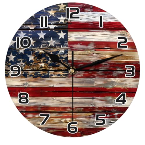 Old Wooden American Flag Wall Clock Battery Operated 10 in Round Wall Clocks Slilent Non Ticking Quartz Analog Clock for Bedroom Kids Living Room Classroom Decor - color: Old Wooden American Flag