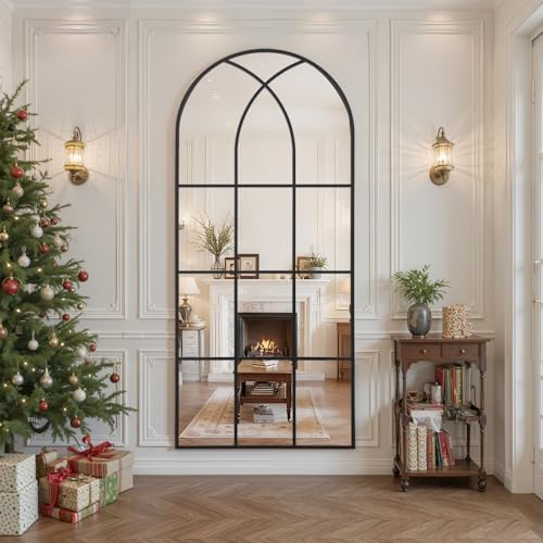 Arched Window pane Full Length Mirror 24"x65", Full Body Standing Mirror, Window Shaped Farmhouse Style with Aluminum Frame, Decor Wall Mirrors for Living Room, Courtyard, Bedroom, Entryway, Black - color: Black, size: 65"L x 24"W