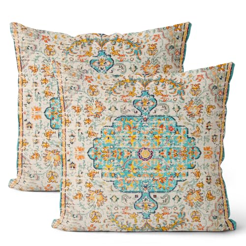 Boho Pillow Covers 18x18 Set of 2, Carpet Pattern Teal Yellow Decorative Throw Pillows Farmhouse Bohemian Cushion Pillow Covers for Sofa Couch Outdoor Decor - color: Boho-23, size: 18" x 18" (Pack of 2)