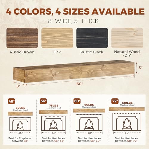 60x8x5in Pine Wood Fireplace Mantel Shelf, Natural Wood - color: Natural Wood, size: 60x5x8-hollow