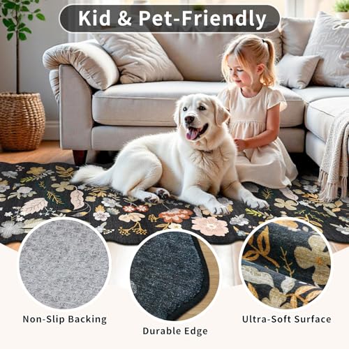 3x15 Hallway Runner Rug Washable: Scalloped Floral Long Kitchen Rug Black - color: Black, size: 3' x 15' (Runner)