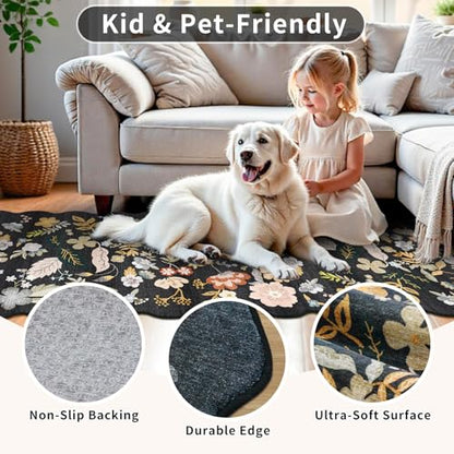 3x6 Washable Kitchen Runner Rug: Floral Scalloped Hallway Runner Rugs Black - color: Black, size: 3' x 6' (Runner)