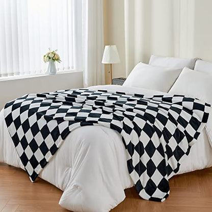 BEDELITE Checkered Fleece Twin Blanket for Couch, Black & White, 60"x80" - color: Black, size: Twin(60"x80")