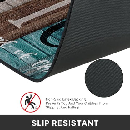 Teal Kitchen Rugs Set of 2 Non Slip Washable Farmhouse Turquoise - color: Rustic Teal Brown