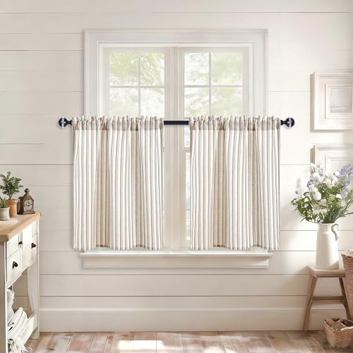 JIUZHEN Striped Linen Kitchen Curtains 2 Panels - Short Tier Drapes with Rod Pocket, Farmhouse Cafe Curtains for Small Windows 36 Inch Length, Vertical Striped Brown - color: Vertical Striped Brown, size: 26"W x 36"L (Pack of 2)