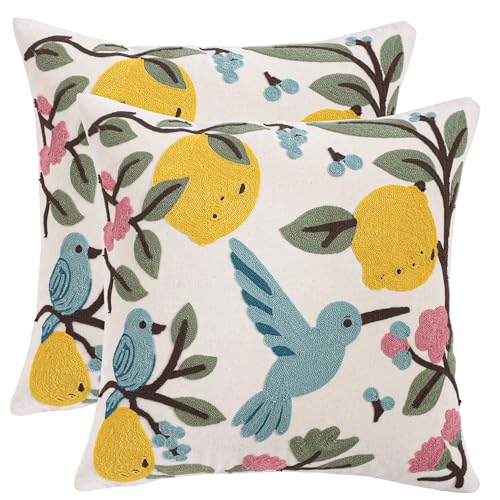 Embroidered Throw Pillow Covers 18x18 Pack of 2 Bird Lemon - color: Birds&lemons