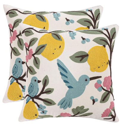 Embroidered Throw Pillow Covers 18x18 Pack of 2 Bird Lemon - color: Birds&lemons