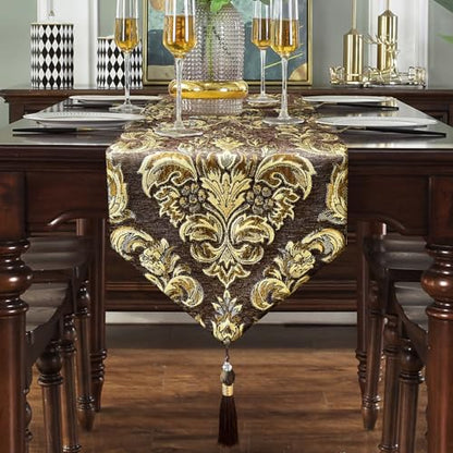 Table Runners Retro Flowers Luxury Jacquard with Tassels Dark Brown 13x60 - color: Dark Brown, size: 13x60"